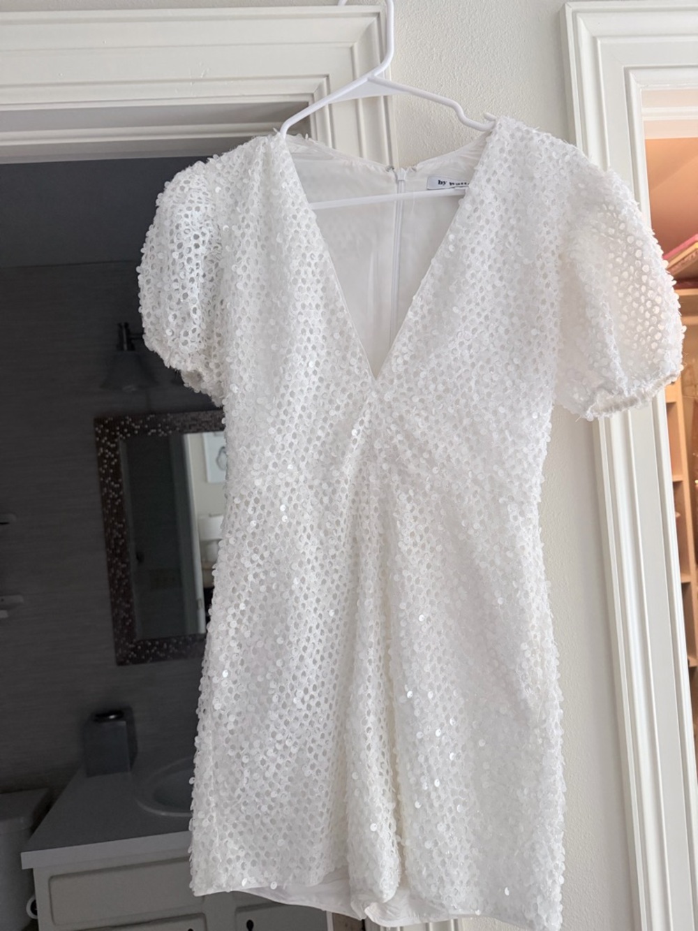 White Sequin Mini Romper Dress with Puff Sleeves